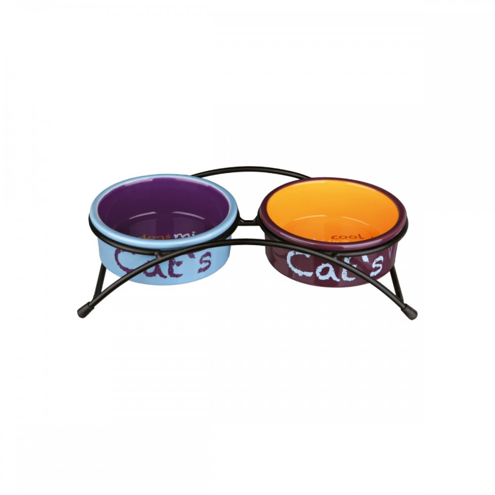 TRIXIE Keramičke zdjelice za mačke s metalnim postoljem 2X0,3 l (12 cm) Plava, Narančasta i Ljubičasta